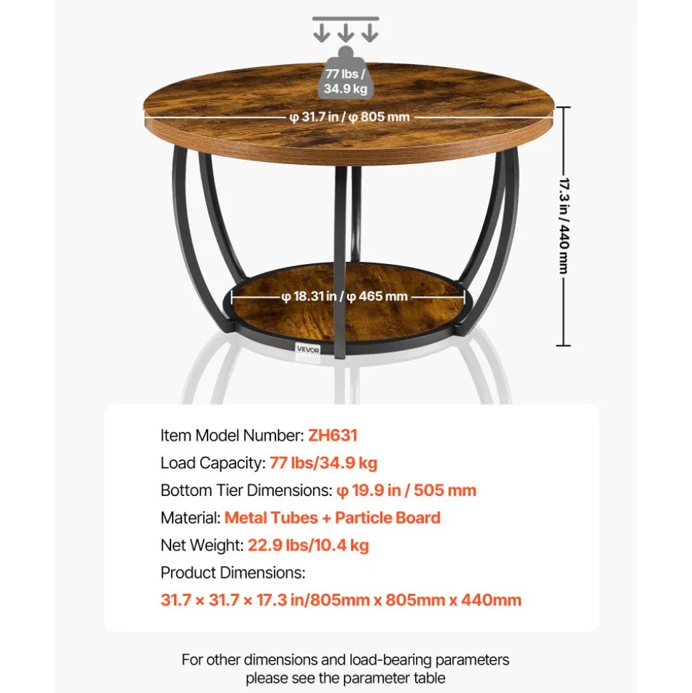 VEVOR Coffee Table, Modern Round Coffee Table, 2 Tiers Wooden Circle Center Desk with Open Storage, Minimalist Sturdy Metal Frame Accent End Desk for Living Room, Office, Easy Assembly, Rustic Brown