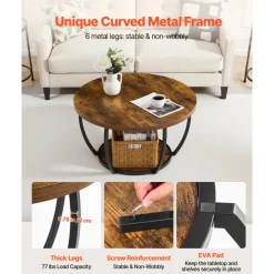 VEVOR Coffee Table, Modern Round Coffee Table, 2 Tiers Wooden Circle Center Desk with Open Storage, Minimalist Sturdy Metal Frame Accent End Desk for Living Room, Office, Easy Assembly, Rustic Brown