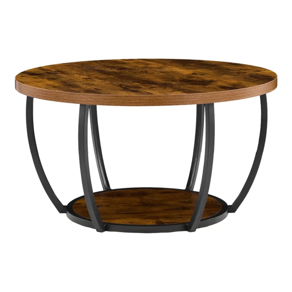 VEVOR Coffee Table, Modern Round Coffee Table, 2 Tiers Wooden Circle Center Desk with Open Storage, Minimalist Sturdy Metal Frame Accent End Desk for Living Room, Office, Easy Assembly, Rustic Brown