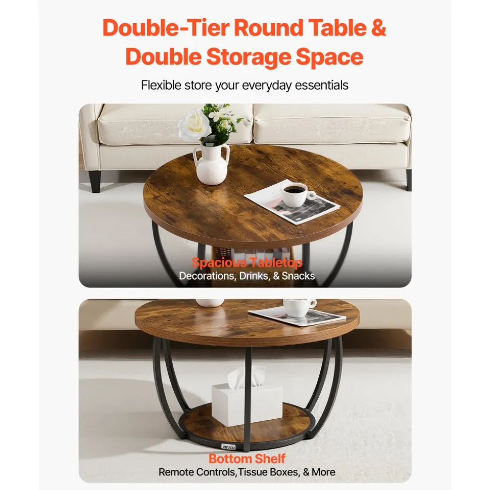 VEVOR Coffee Table, Modern Round Coffee Table, 2 Tiers Wooden Circle Center Desk with Open Storage, Minimalist Sturdy Metal Frame Accent End Desk for Living Room, Office, Easy Assembly, Rustic Brown