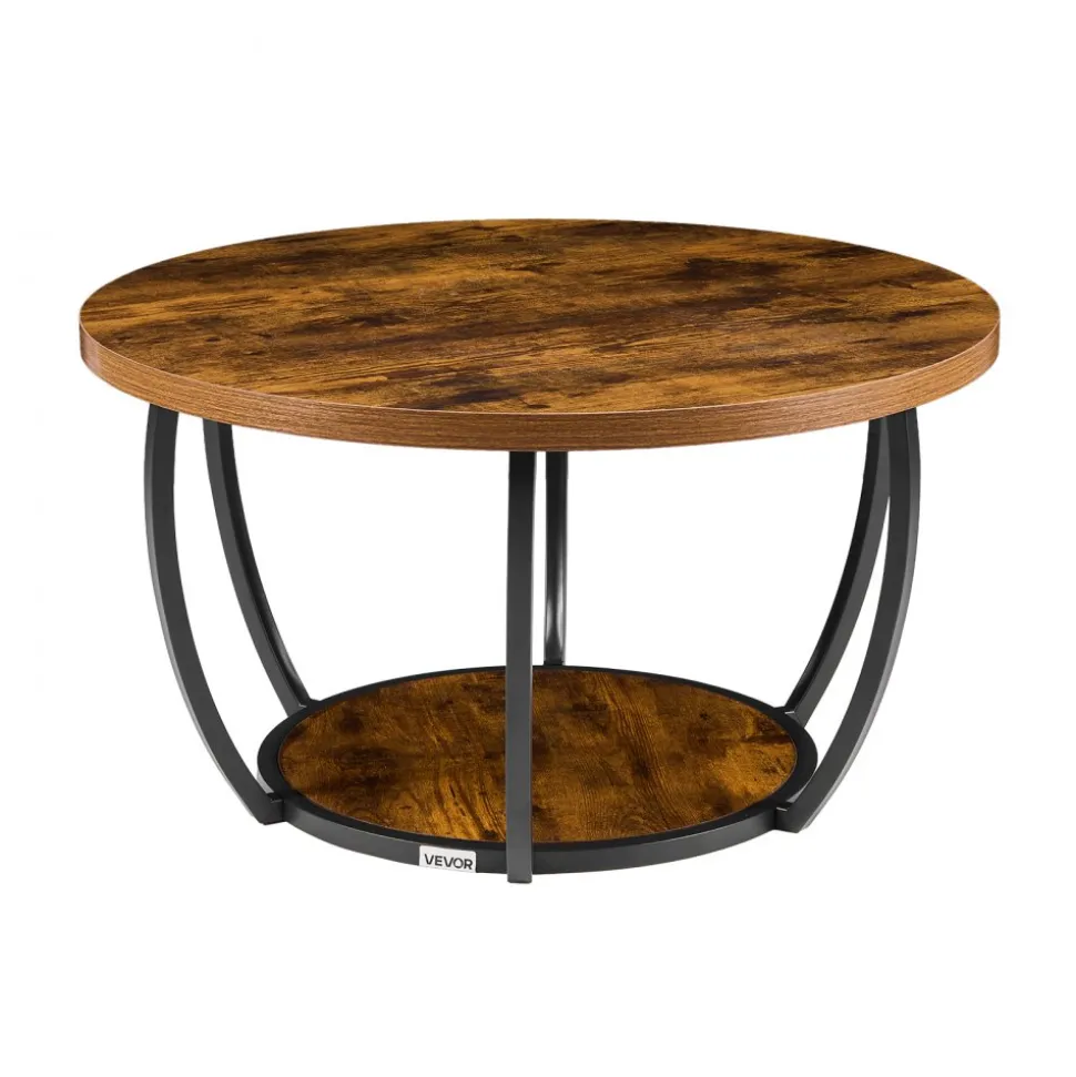 VEVOR Coffee Table, Modern Round Coffee Table, 2 Tiers Wooden Circle Center Desk with Open Storage, Minimalist Sturdy Metal Frame Accent End Desk for Living Room, Office, Easy Assembly, Rustic Brown