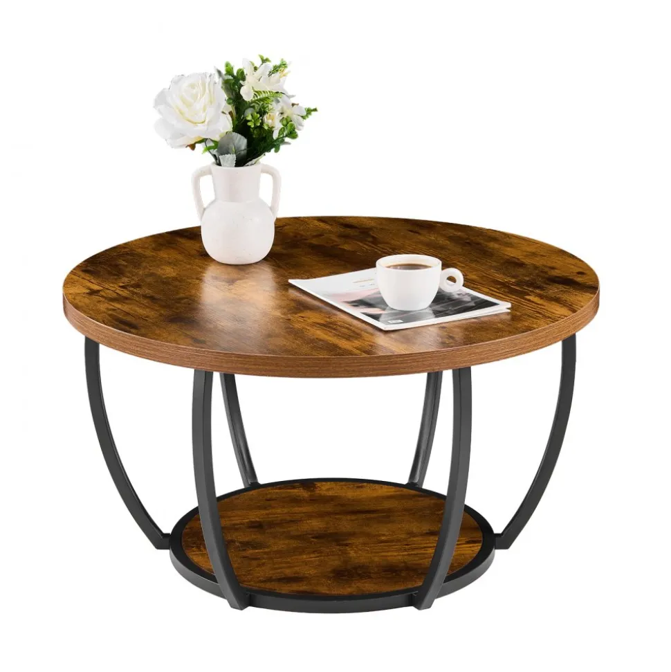 VEVOR Coffee Table, Modern Round Coffee Table, 2 Tiers Wooden Circle Center Desk with Open Storage, Minimalist Sturdy Metal Frame Accent End Desk for Living Room, Office, Easy Assembly, Rustic Brown