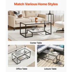 VEVOR Coffee Table, Modern Tempered Glass Coffee Table, 2 Tiers Rectangle Glass Center Desk with Open Storage, Minimalist Sturdy Metal Frame Accent End Desk for Living Room, Office, Easy Assembly