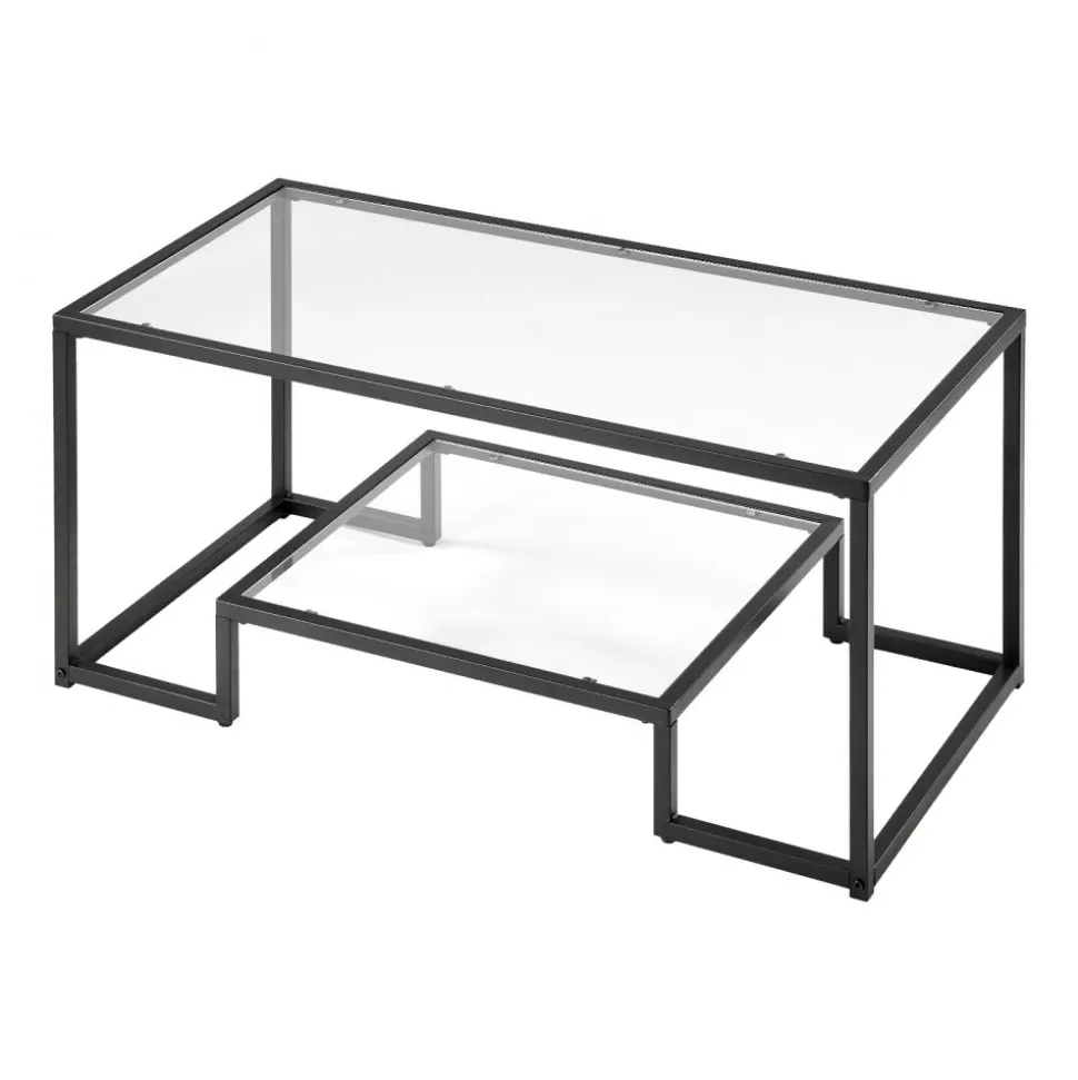 VEVOR Coffee Table, Modern Tempered Glass Coffee Table, 2 Tiers Rectangle Glass Center Desk with Open Storage, Minimalist Sturdy Metal Frame Accent End Desk for Living Room, Office, Easy Assembly