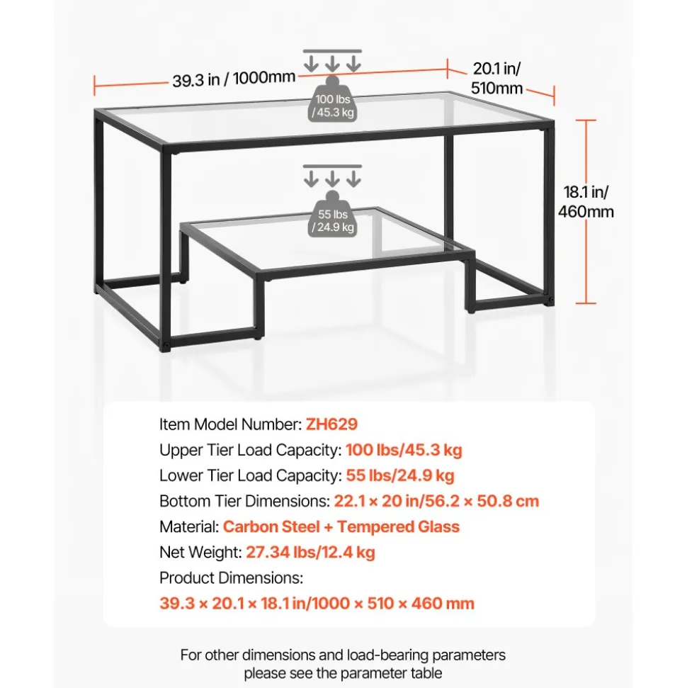 VEVOR Coffee Table, Modern Tempered Glass Coffee Table, 2 Tiers Rectangle Glass Center Desk with Open Storage, Minimalist Sturdy Metal Frame Accent End Desk for Living Room, Office, Easy Assembly