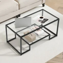 VEVOR Coffee Table, Modern Tempered Glass Coffee Table, 2 Tiers Rectangle Glass Center Desk with Open Storage, Minimalist Sturdy Metal Frame Accent End Desk for Living Room, Office, Easy Assembly