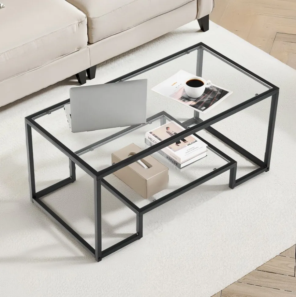 VEVOR Coffee Table, Modern Tempered Glass Coffee Table, 2 Tiers Rectangle Glass Center Desk with Open Storage, Minimalist Sturdy Metal Frame Accent End Desk for Living Room, Office, Easy Assembly