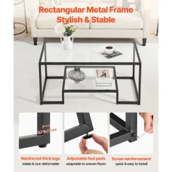VEVOR Coffee Table, Modern Tempered Glass Coffee Table, 2 Tiers Rectangle Glass Center Desk with Open Storage, Minimalist Sturdy Metal Frame Accent End Desk for Living Room, Office, Easy Assembly