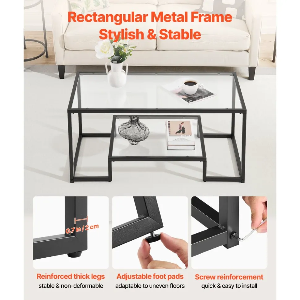 VEVOR Coffee Table, Modern Tempered Glass Coffee Table, 2 Tiers Rectangle Glass Center Desk with Open Storage, Minimalist Sturdy Metal Frame Accent End Desk for Living Room, Office, Easy Assembly