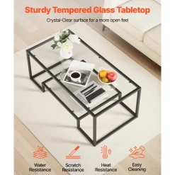 VEVOR Coffee Table, Modern Tempered Glass Coffee Table, 2 Tiers Rectangle Glass Center Desk with Open Storage, Minimalist Sturdy Metal Frame Accent End Desk for Living Room, Office, Easy Assembly