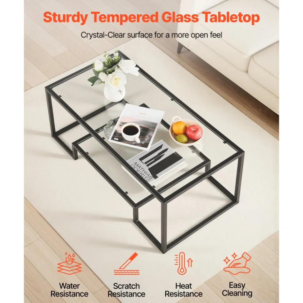 VEVOR Coffee Table, Modern Tempered Glass Coffee Table, 2 Tiers Rectangle Glass Center Desk with Open Storage, Minimalist Sturdy Metal Frame Accent End Desk for Living Room, Office, Easy Assembly