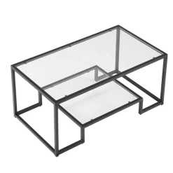 VEVOR Coffee Table, Modern Tempered Glass Coffee Table, 2 Tiers Rectangle Glass Center Desk with Open Storage, Minimalist Sturdy Metal Frame Accent End Desk for Living Room, Office, Easy Assembly