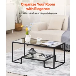 VEVOR Coffee Table, Modern Tempered Glass Coffee Table, 2 Tiers Rectangle Glass Center Desk with Open Storage, Minimalist Sturdy Metal Frame Accent End Desk for Living Room, Office, Easy Assembly