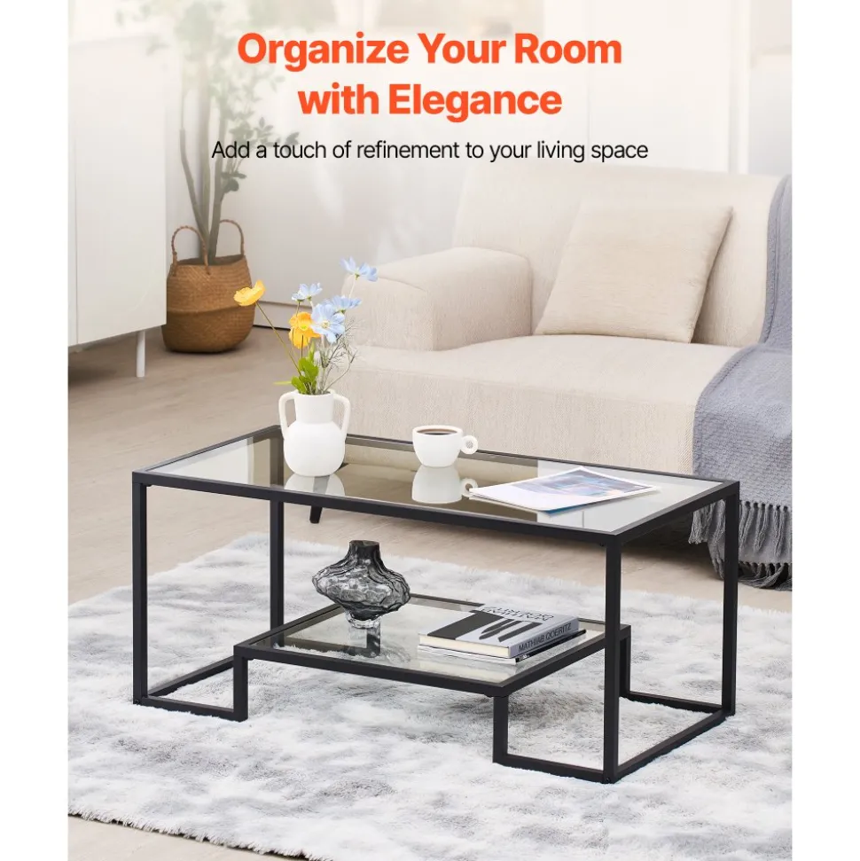 VEVOR Coffee Table, Modern Tempered Glass Coffee Table, 2 Tiers Rectangle Glass Center Desk with Open Storage, Minimalist Sturdy Metal Frame Accent End Desk for Living Room, Office, Easy Assembly