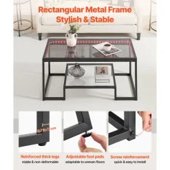 VEVOR Coffee Table, Modern Tempered Glass Coffee Table with Lighting, 2 Tiers Rectangle Glass Center Desk with Open Storage, Minimalist Metal Accent End Desk for Living Room, Office, Easy Assembly