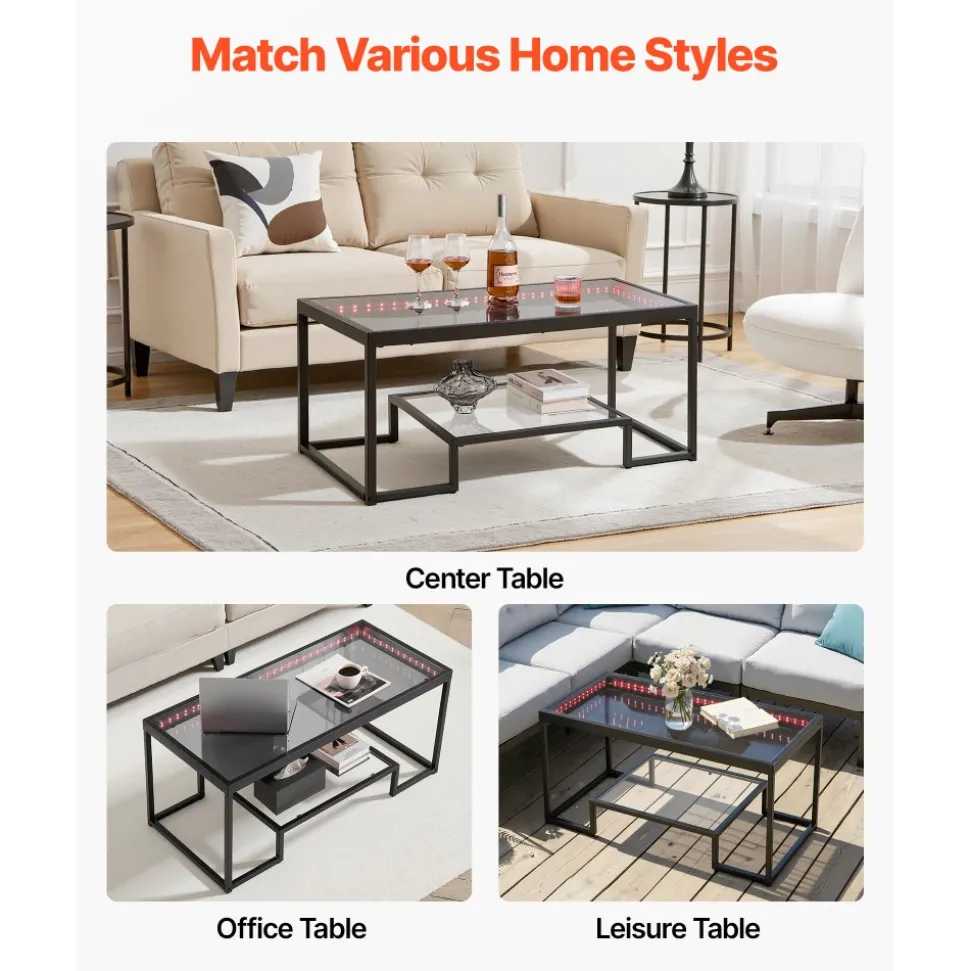 VEVOR Coffee Table, Modern Tempered Glass Coffee Table with Lighting, 2 Tiers Rectangle Glass Center Desk with Open Storage, Minimalist Metal Accent End Desk for Living Room, Office, Easy Assembly