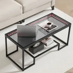 VEVOR Coffee Table, Modern Tempered Glass Coffee Table with Lighting, 2 Tiers Rectangle Glass Center Desk with Open Storage, Minimalist Metal Accent End Desk for Living Room, Office, Easy Assembly