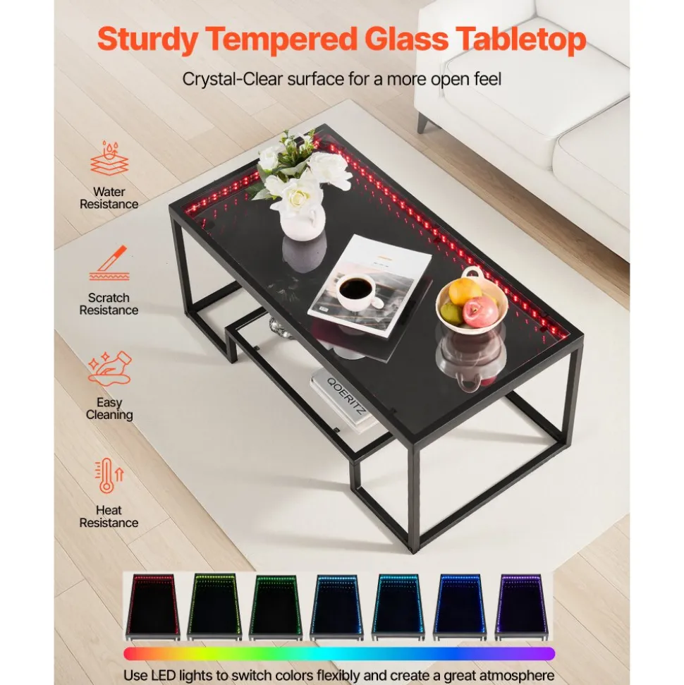 VEVOR Coffee Table, Modern Tempered Glass Coffee Table with Lighting, 2 Tiers Rectangle Glass Center Desk with Open Storage, Minimalist Metal Accent End Desk for Living Room, Office, Easy Assembly