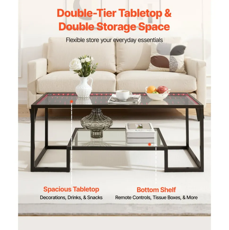 VEVOR Coffee Table, Modern Tempered Glass Coffee Table with Lighting, 2 Tiers Rectangle Glass Center Desk with Open Storage, Minimalist Metal Accent End Desk for Living Room, Office, Easy Assembly