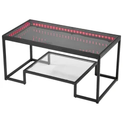 VEVOR Coffee Table, Modern Tempered Glass Coffee Table with Lighting, 2 Tiers Rectangle Glass Center Desk with Open Storage, Minimalist Metal Accent End Desk for Living Room, Office, Easy Assembly