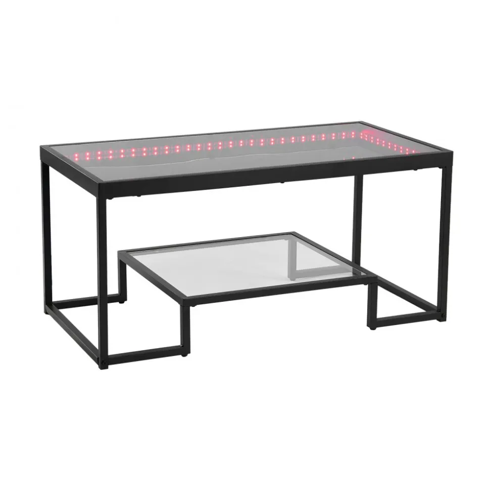 VEVOR Coffee Table, Modern Tempered Glass Coffee Table with Lighting, 2 Tiers Rectangle Glass Center Desk with Open Storage, Minimalist Metal Accent End Desk for Living Room, Office, Easy Assembly