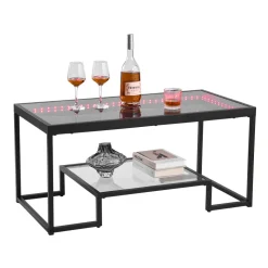 VEVOR Coffee Table, Modern Tempered Glass Coffee Table with Lighting, 2 Tiers Rectangle Glass Center Desk with Open Storage, Minimalist Metal Accent End Desk for Living Room, Office, Easy Assembly