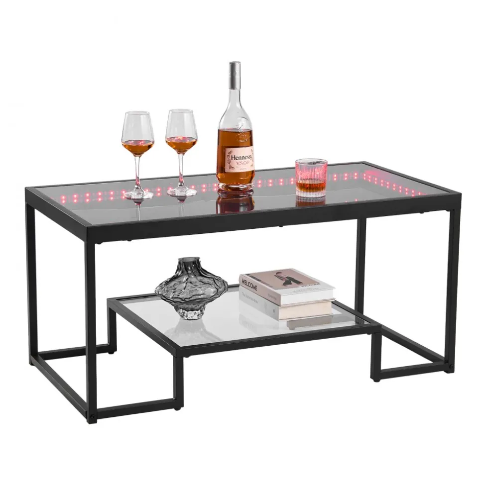 VEVOR Coffee Table, Modern Tempered Glass Coffee Table with Lighting, 2 Tiers Rectangle Glass Center Desk with Open Storage, Minimalist Metal Accent End Desk for Living Room, Office, Easy Assembly