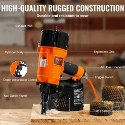VEVOR Coil Siding/Framing Nailer CN83N, 2" to 3-1/4" 15 Degree Pneumatic Siding Nail Gun with Tool-Less Depth Adjustment, 70-120PSI Air Coil Nailer for Siding Sheathing Wooding Fencing Decking