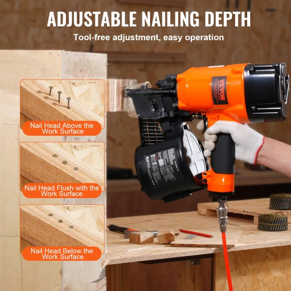 VEVOR Coil Siding/Framing Nailer CN83N, 2" to 3-1/4" 15 Degree Pneumatic Siding Nail Gun with Tool-Less Depth Adjustment, 70-120PSI Air Coil Nailer for Siding Sheathing Wooding Fencing Decking