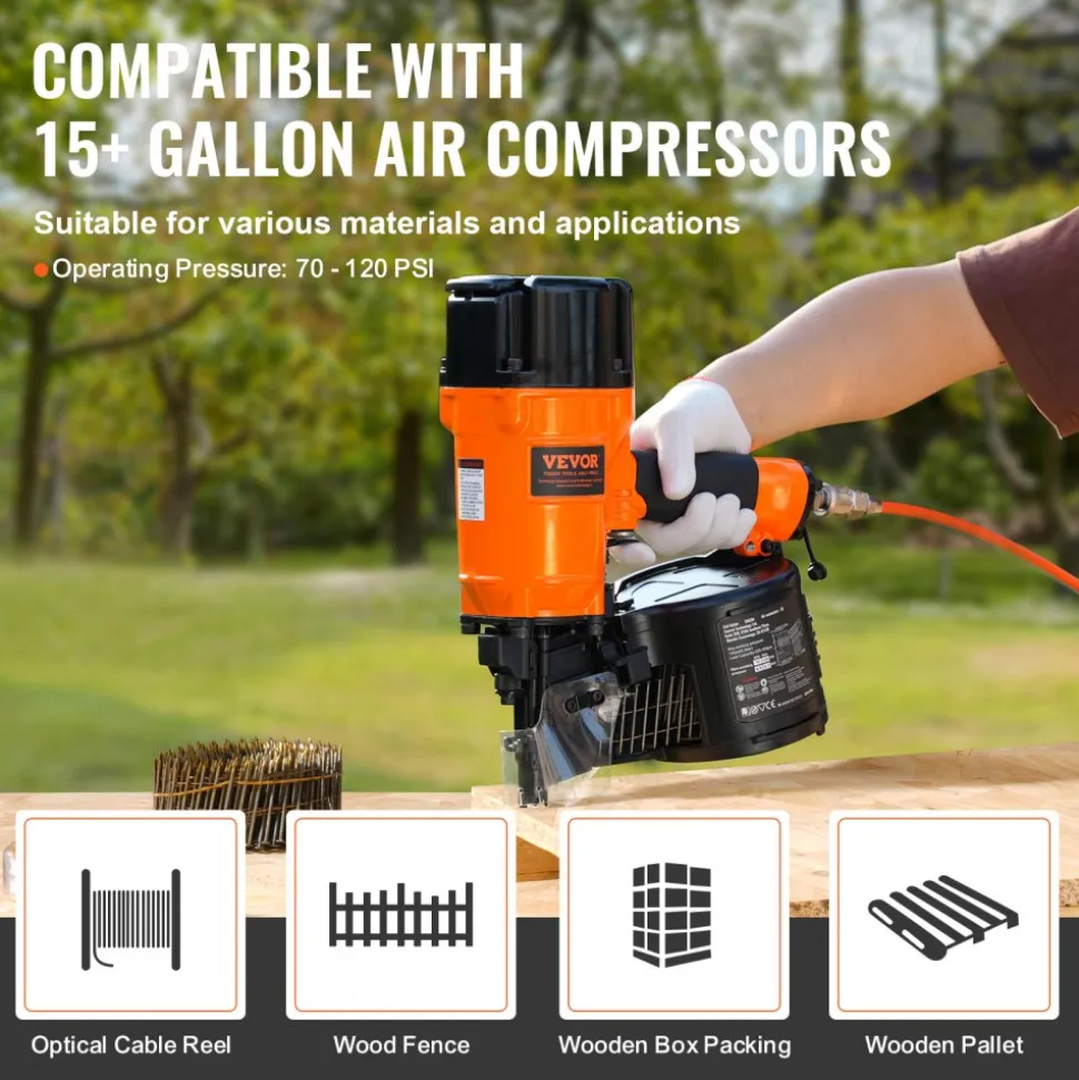 VEVOR Coil Siding/Framing Nailer CN83N, 2" to 3-1/4" 15 Degree Pneumatic Siding Nail Gun with Tool-Less Depth Adjustment, 70-120PSI Air Coil Nailer for Siding Sheathing Wooding Fencing Decking