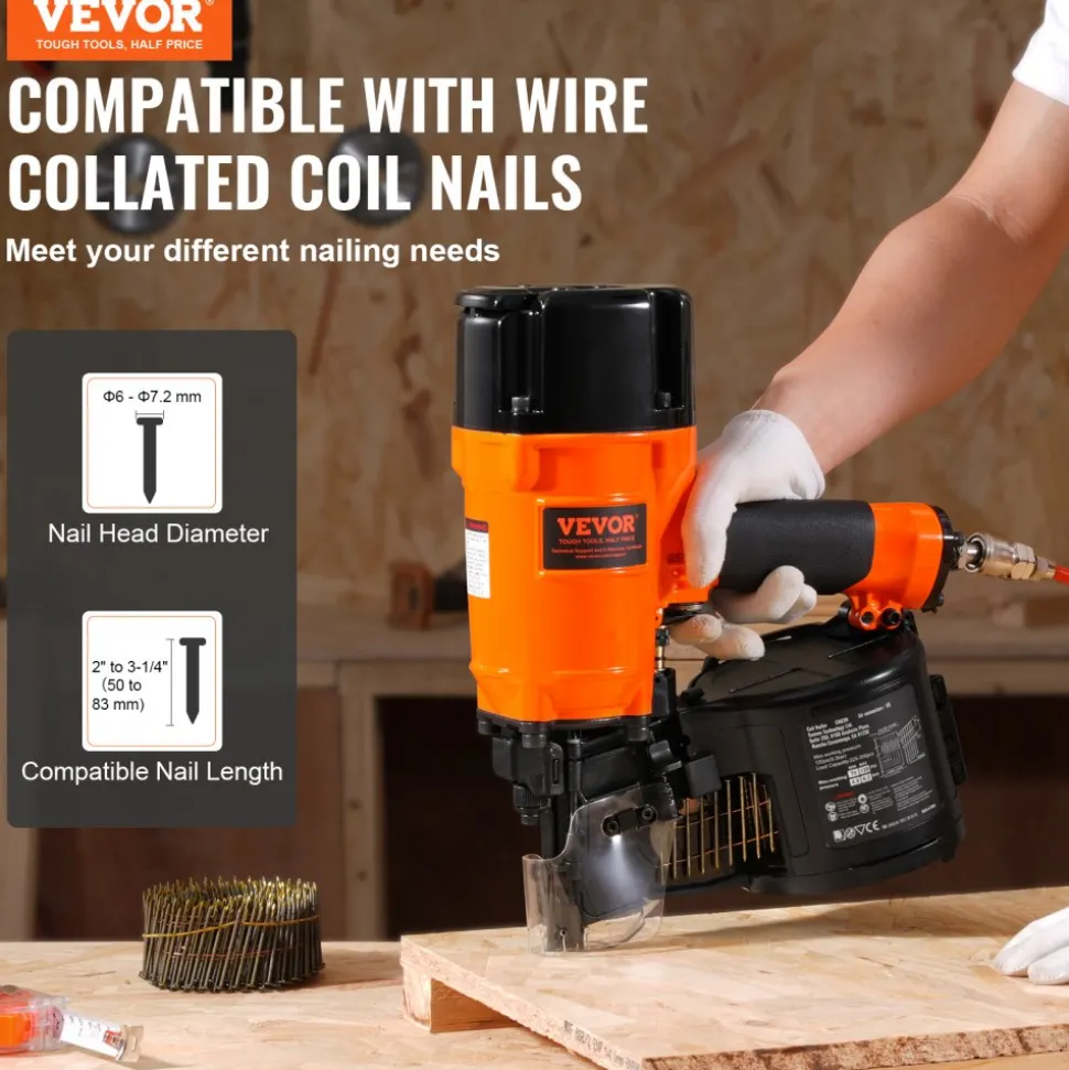 VEVOR Coil Siding/Framing Nailer CN83N, 2" to 3-1/4" 15 Degree Pneumatic Siding Nail Gun with Tool-Less Depth Adjustment, 70-120PSI Air Coil Nailer for Siding Sheathing Wooding Fencing Decking