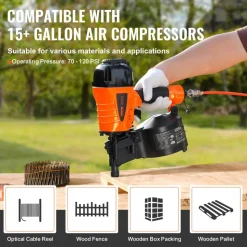 VEVOR Coil Siding Nailer CN65, 1-1/4" to 2-1/2" 15 Degree Pneumatic Siding Nail Gun with Tool-Less Depth Adjustment, 70-120PSI Air Coil Nailer for Siding, Pallet Sheathing, Wooding, Fencing, Decking