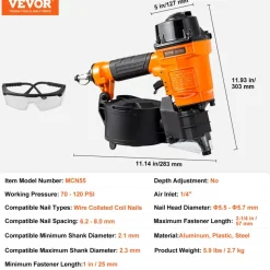 VEVOR Coil Siding Nailer MCN55, 1 inch to 2-1/4 inch 15 Degree Pneumatic Siding Nail Gun, 70-120PSI Air Coil Nailer for Siding, Pallet Sheathing, Fencing, Decking