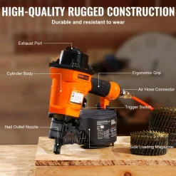 VEVOR Coil Siding Nailer MCN55, 1 inch to 2-1/4 inch 15 Degree Pneumatic Siding Nail Gun, 70-120PSI Air Coil Nailer for Siding, Pallet Sheathing, Fencing, Decking