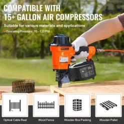 VEVOR Coil Siding Nailer MCN55, 1 inch to 2-1/4 inch 15 Degree Pneumatic Siding Nail Gun, 70-120PSI Air Coil Nailer for Siding, Pallet Sheathing, Fencing, Decking