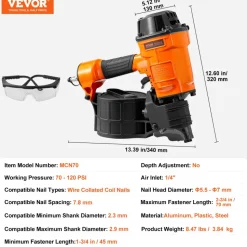 VEVOR Coil Siding Nailer MCN70, 1-3/4" to 2-3/4" 15 Degree Pneumatic Siding Nail Gun, 70-120PSI Air Coil Nailer for Pallet, Crating, Framing, Siding and Fencing