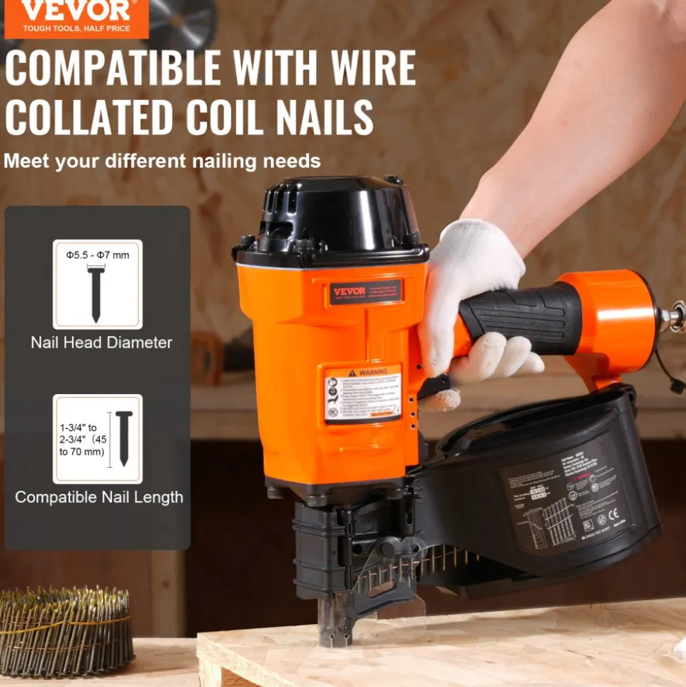 VEVOR Coil Siding Nailer MCN70, 1-3/4" to 2-3/4" 15 Degree Pneumatic Siding Nail Gun, 70-120PSI Air Coil Nailer for Pallet, Crating, Framing, Siding and Fencing