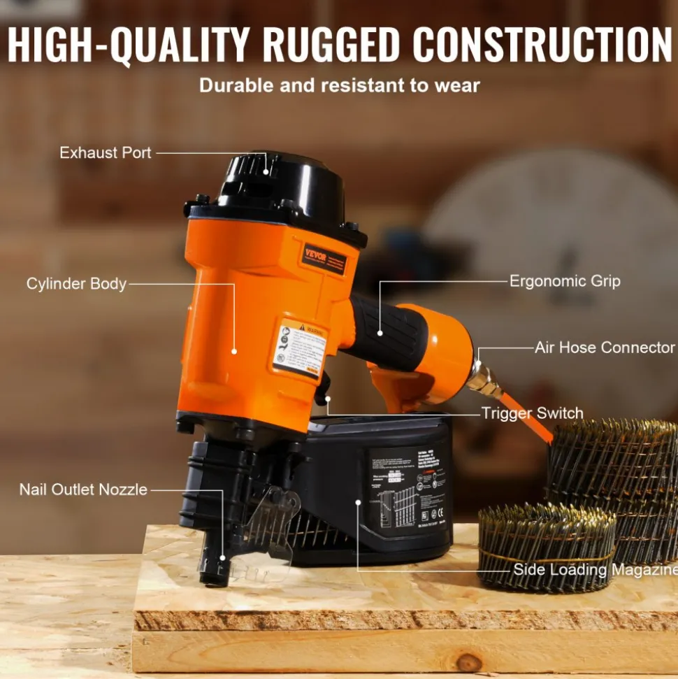 VEVOR Coil Siding Nailer MCN70, 1-3/4" to 2-3/4" 15 Degree Pneumatic Siding Nail Gun, 70-120PSI Air Coil Nailer for Pallet, Crating, Framing, Siding and Fencing