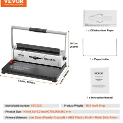 VEVOR Coil Spiral Binding Machine, Manual Book Maker 34-Holes Binding 120 Sheets, Punch Binder with Adjustable 3/16" - 9/16" Coil Binding Spines and Side Margin, for Letter Size, A4, A5