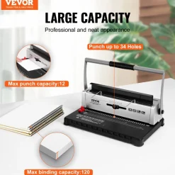VEVOR Coil Spiral Binding Machine, Manual Book Maker 34-Holes Binding 120 Sheets, Punch Binder with Adjustable 3/16