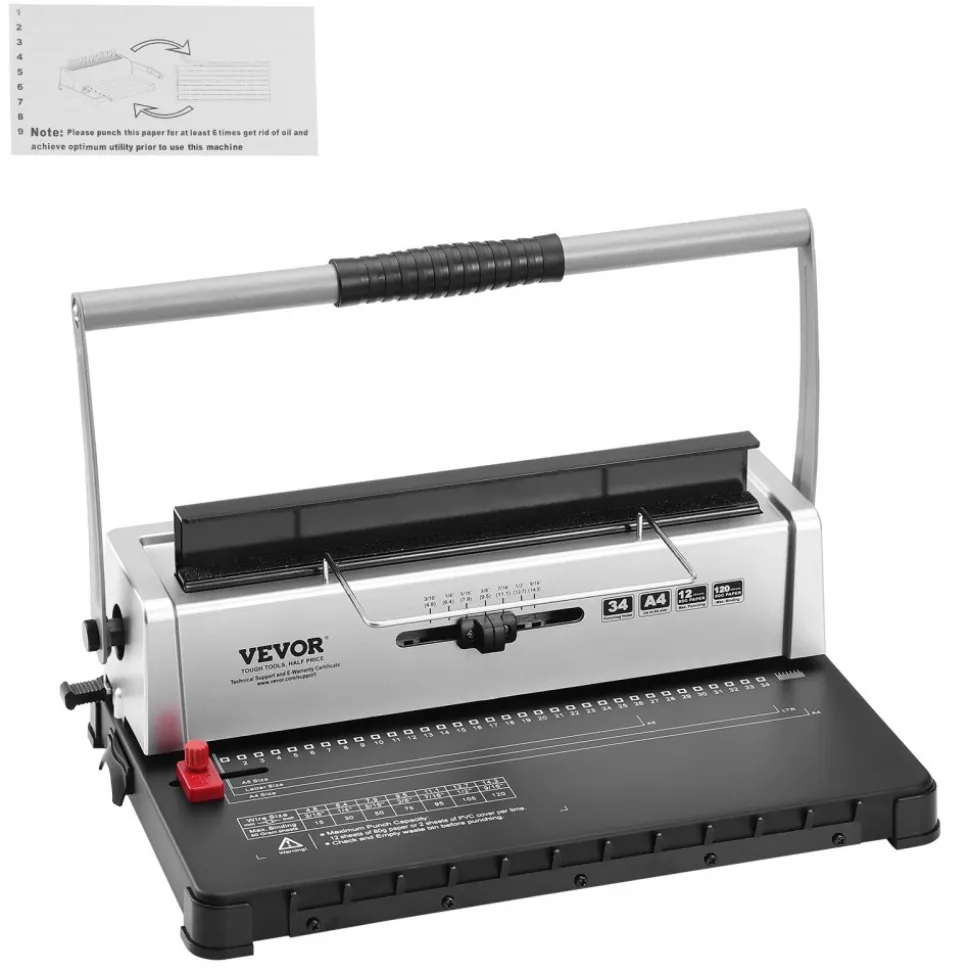 VEVOR Coil Spiral Binding Machine, Manual Book Maker 34-Holes Binding 120 Sheets, Punch Binder with Adjustable 3/16" - 9/16" Coil Binding Spines and Side Margin, for Letter Size, A4, A5