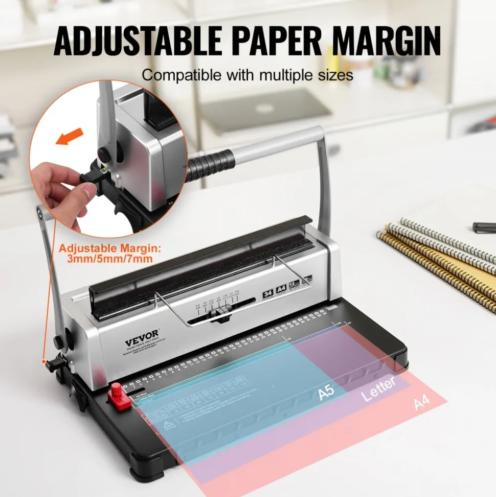 VEVOR Coil Spiral Binding Machine, Manual Book Maker 34-Holes Binding 120 Sheets, Punch Binder with Adjustable 3/16" - 9/16" Coil Binding Spines and Side Margin, for Letter Size, A4, A5
