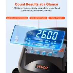 VEVOR Coin Counter Machine, 5 Denominations, Accurate Coin Sorter Machine, Sorts Up to 225 Coins Per Minute, USD Change Counter with LCD Display, Smooth Operation, Batch Feature, Holds 1500 Coins