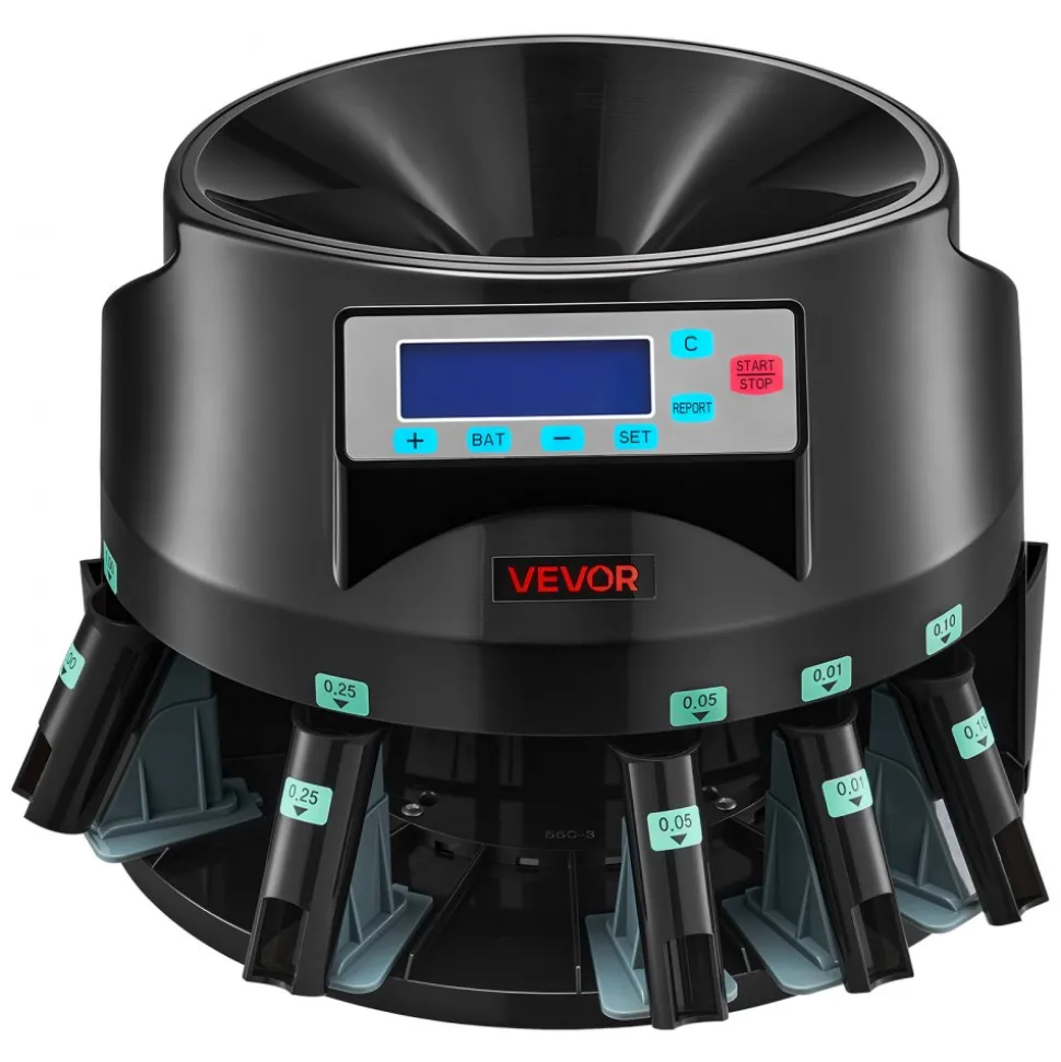 VEVOR Coin Counter Machine, 5 Denominations, Accurate Coin Sorter Machine, Sorts Up to 225 Coins Per Minute, USD Change Counter with LCD Display, Smooth Operation, Batch Feature, Holds 1500 Coins
