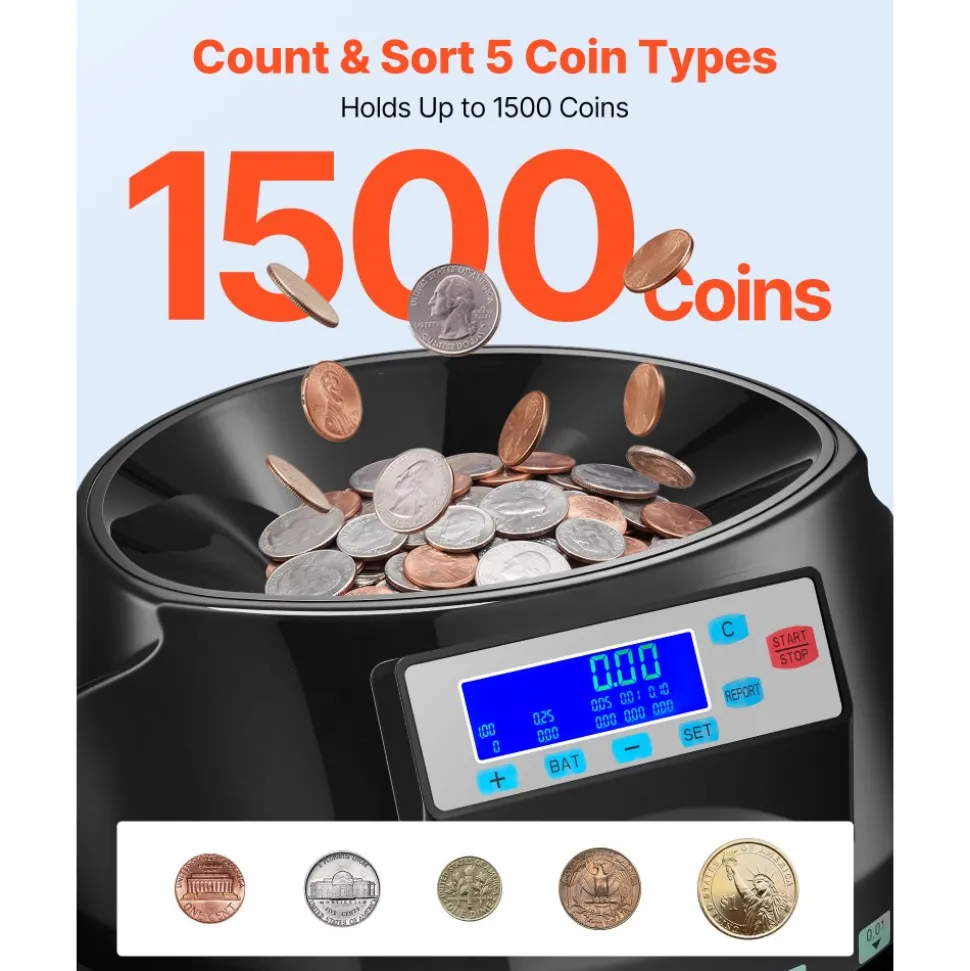 VEVOR Coin Counter Machine, 5 Denominations, Accurate Coin Sorter Machine, Sorts Up to 225 Coins Per Minute, USD Change Counter with LCD Display, Smooth Operation, Batch Feature, Holds 1500 Coins