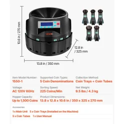 VEVOR Coin Counter Machine, 5 Denominations, Accurate Coin Sorter Machine, Sorts Up to 225 Coins Per Minute, USD Change Counter with LCD Display, Smooth Operation, Batch Feature, Holds 1500 Coins