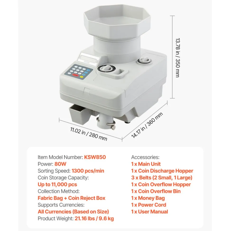 VEVOR Coin Counter, Professional Coin Sorter with LED Display Holds up to 11000 Coins, Automatic Coin Sorter and Wrapper Machine for All Coins, Suitable for International Coins and Tokens
