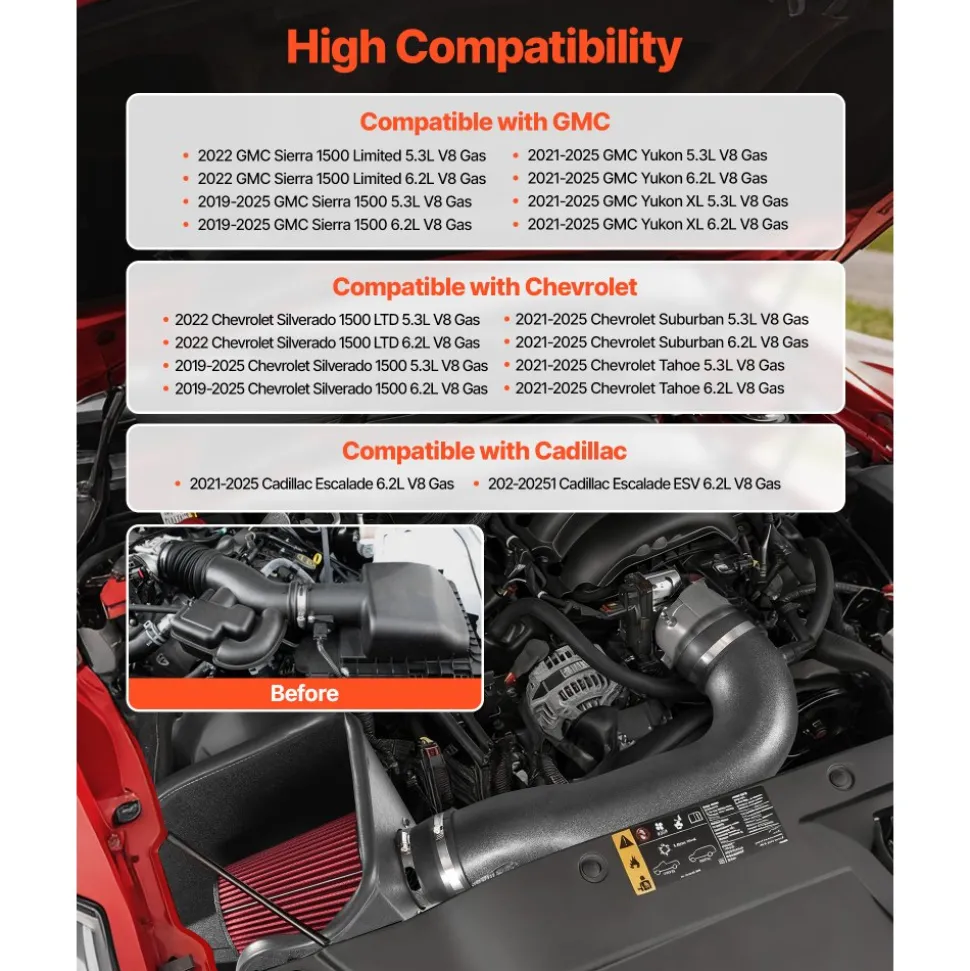 VEVOR Cold Air Intake, 3.9 Inch Cold Air Intake System + Heat Shield Compatible with 2019-2025 Chevy Silverado/GMC Sierra, 2021-2025 Cadillac Escalade 6.2L, High Flow Filter Kit Improved Horsepower