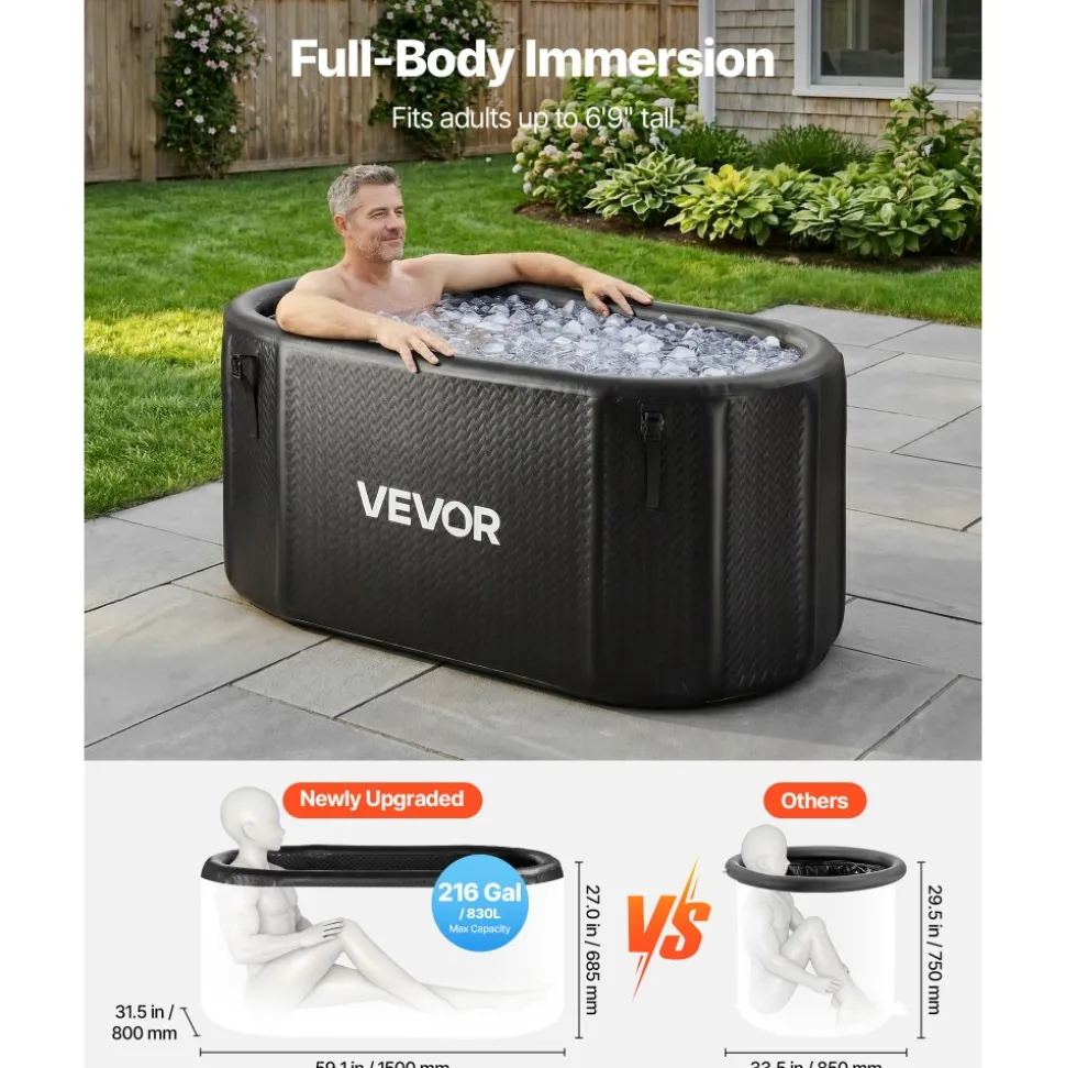 VEVOR Cold Plunge Tub, 216 Gallon, Inflatable Ice Bath Tub Compatible with Water Chillers, Portable Cold Water Bathtub with Insulated Lid, for Athletes Recovery, 59.1" x 31.5" x 29.9" (No Chiller)