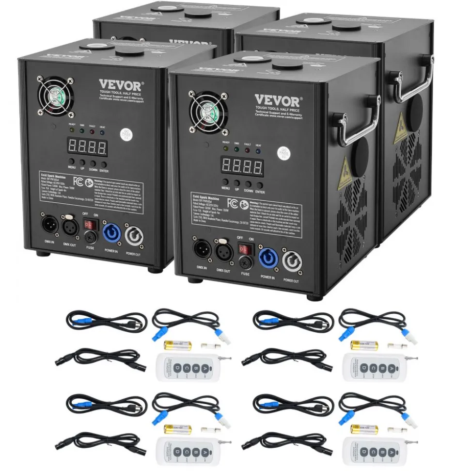 VEVOR Cold Spark Machine, 4 Pack 500W Output Fireworks Controllers, 6.6-13ft Adjustable Height, with Advanced DMX System,LED Screen,Portable Handle, Aluminum Alloy for Stage DJ Wedding Event,Party